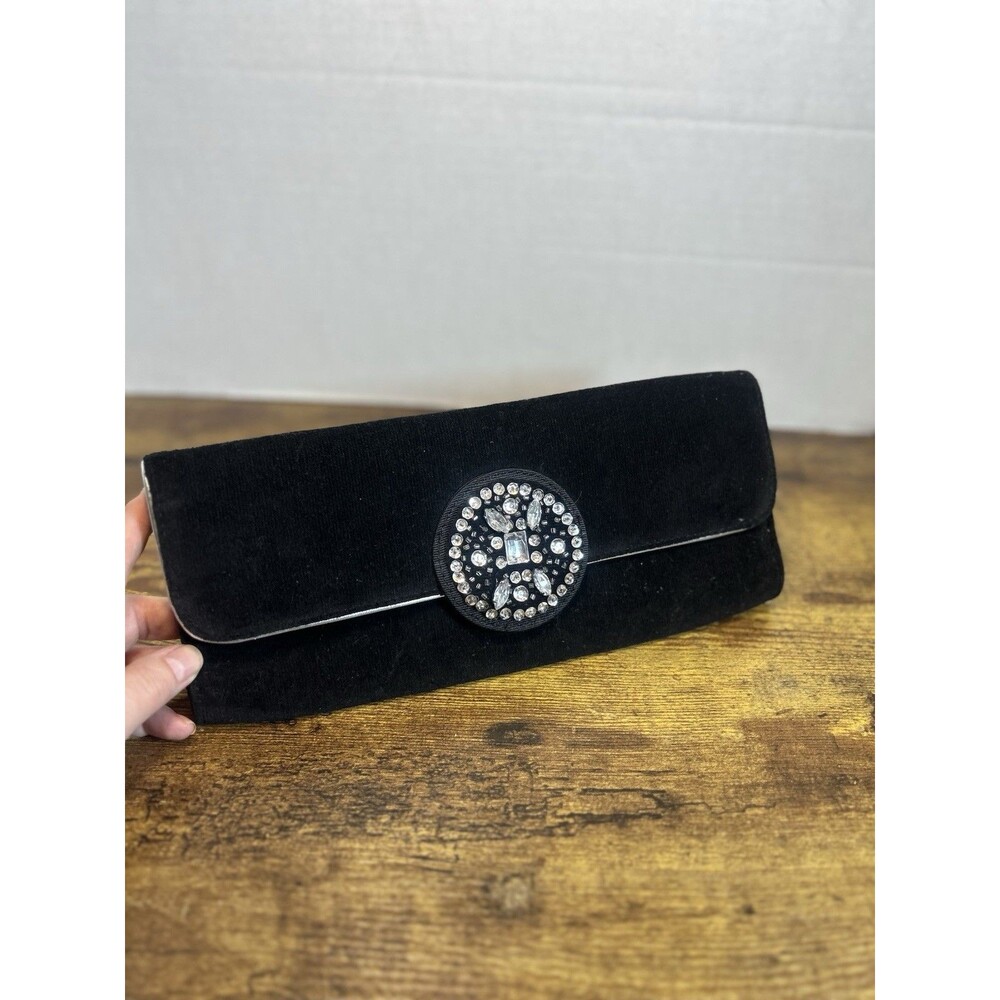 Victoria's Secret Black Velvet Clutch Rhinestone Buckle Rectangle 11x4x2" - Picture 2 of 13